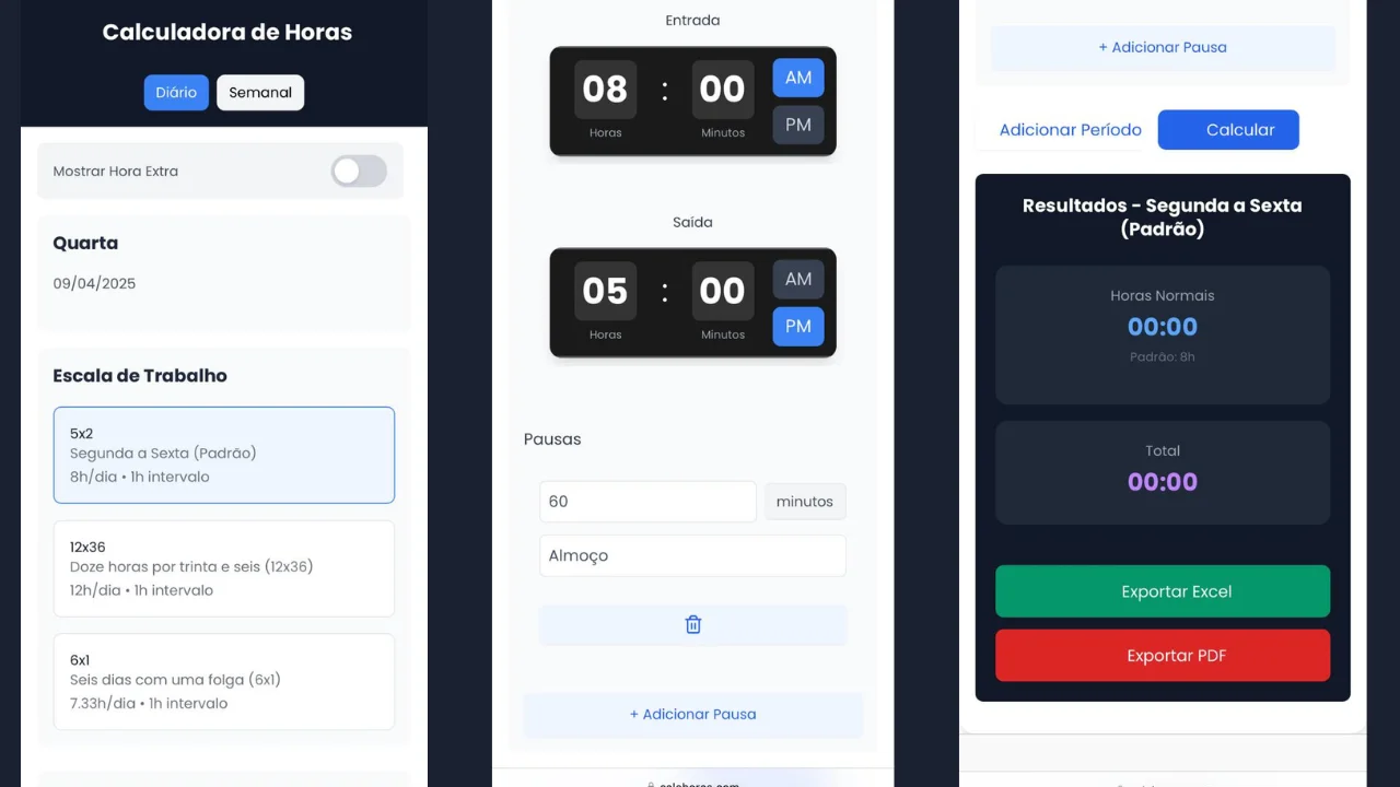 Calculadora de horas - Modo diário e semanal
